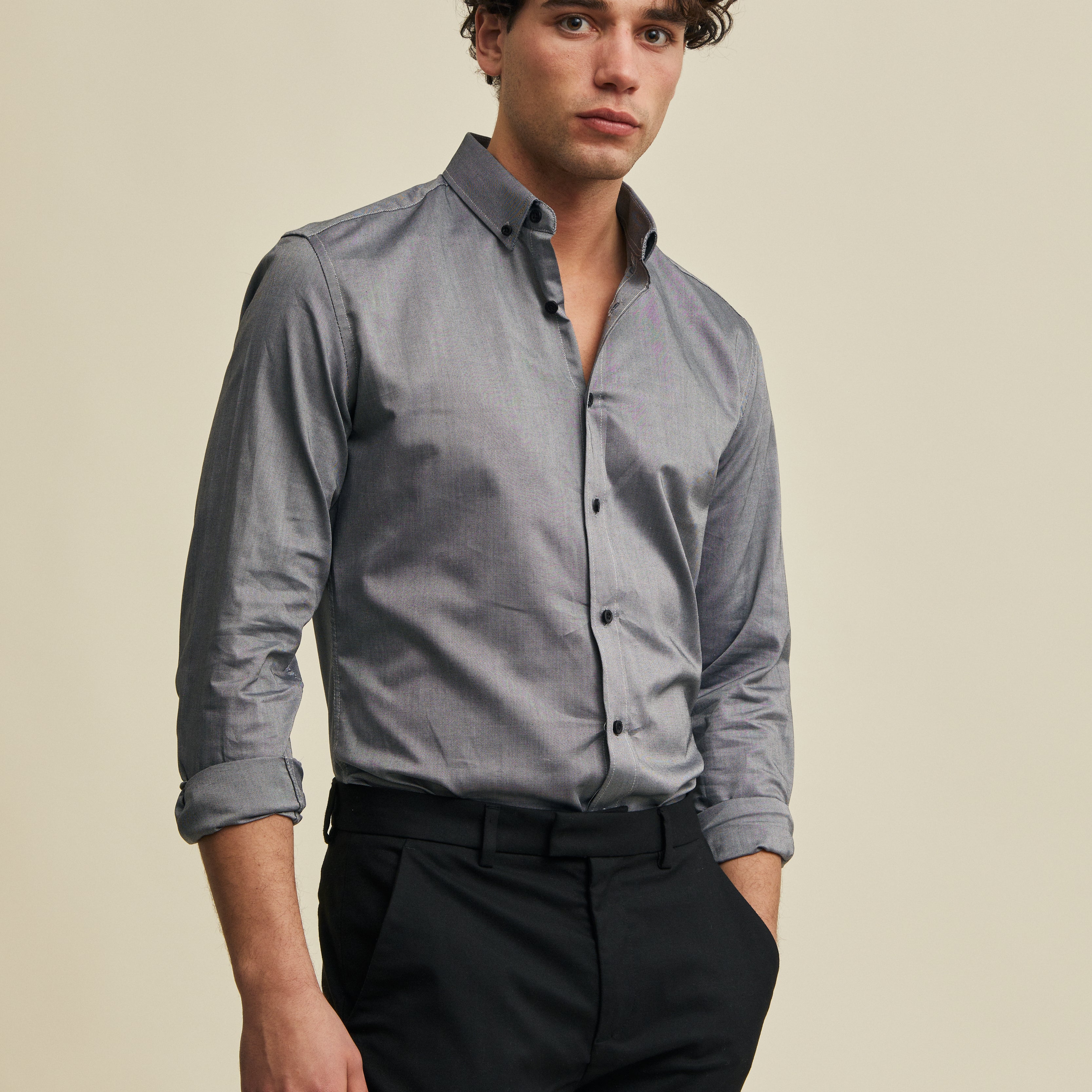 grey oxford button down shirt